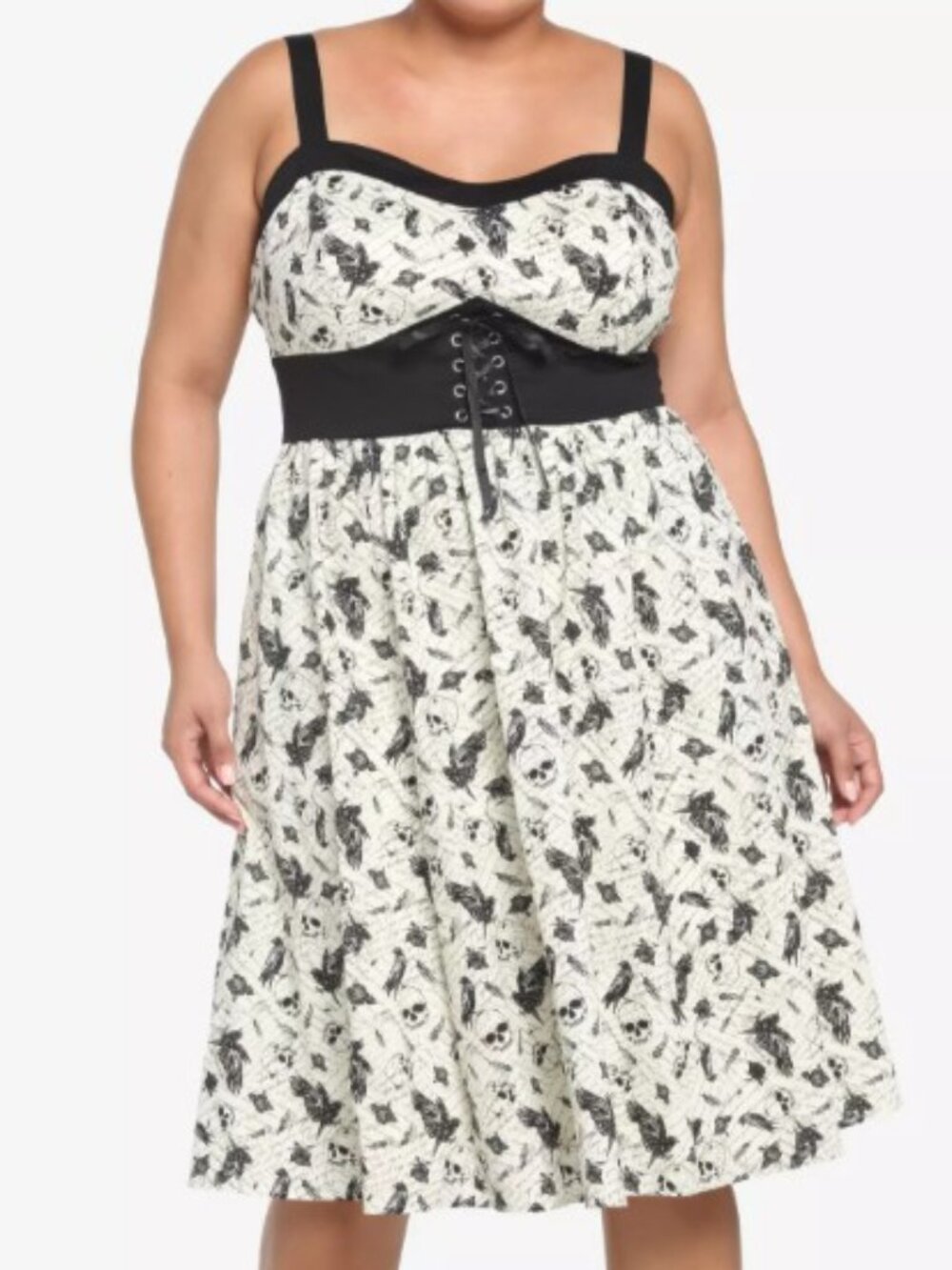 Hot Topic Ivory & Black Raven Skull Retro Midi Dress 3X